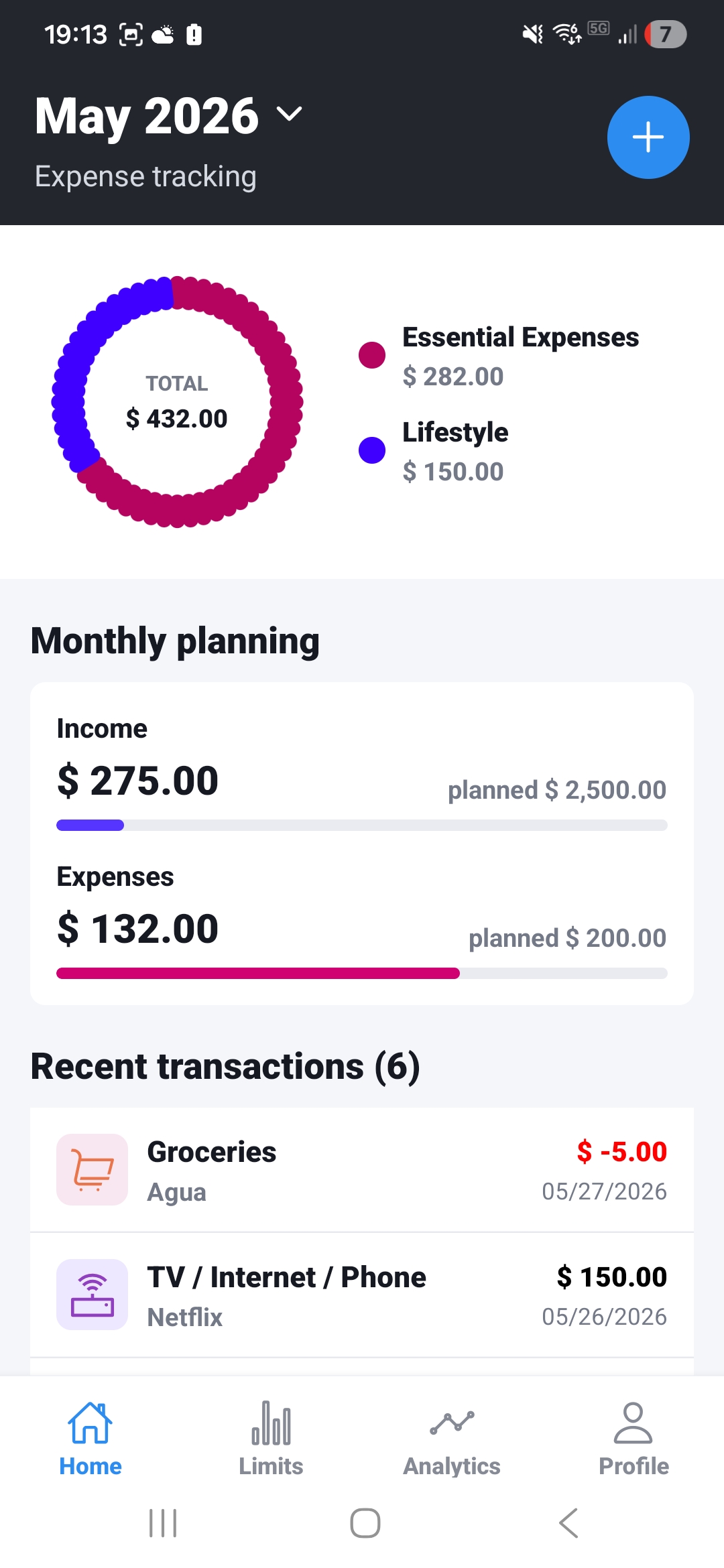 WalletUP mobile home screen with expense tracking and recent transactions