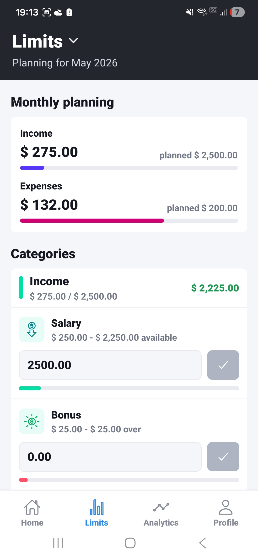 WalletUP mobile limits screen with monthly planning categories