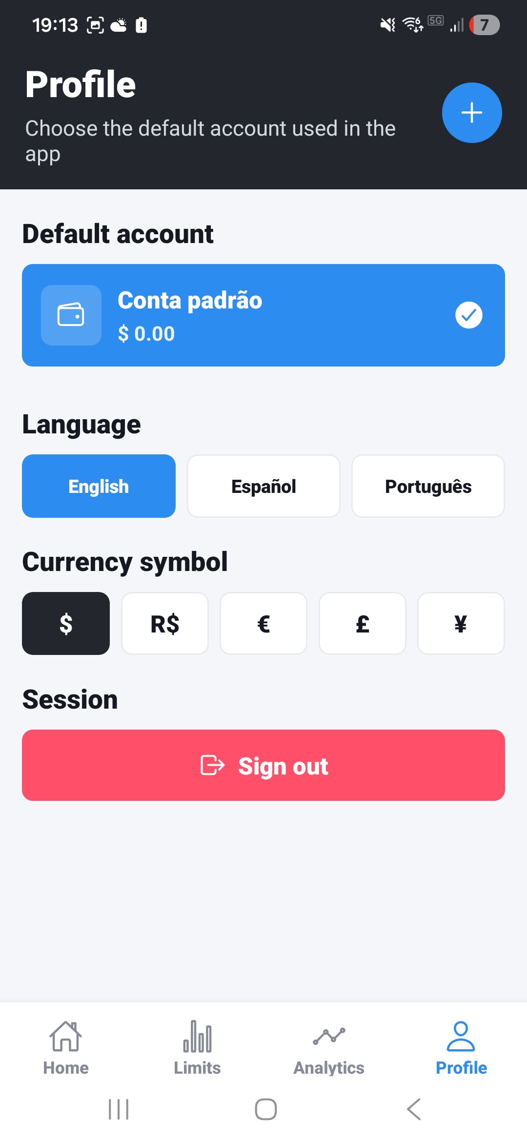 WalletUP mobile profile screen with account, language, and currency options